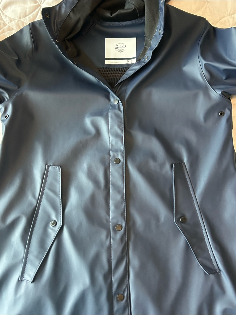 Herschel Navy Hooded Rain Jacket Coat Small - Picture 3 of 6